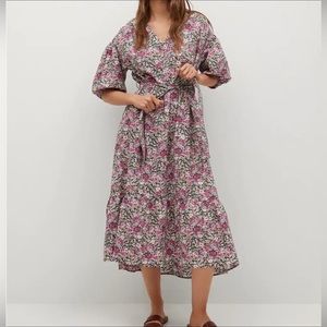 Mango Linda belted ruffle hem floral puff sleeve midi dress